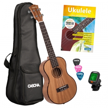 Cascha Premium Mahagoni Tenor-Ukulele Bundle - inkl. Gigbag, 3 Plektren, Stimmgerät und Lernheft