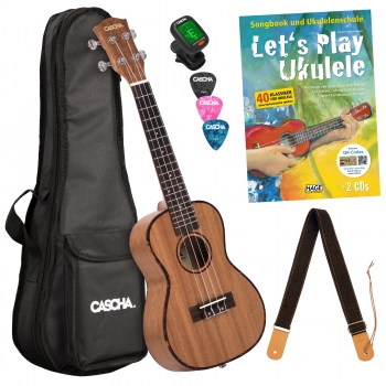 Cascha Premium Mahagoni "Let`s play" Konzert-Ukulele Bundle - inkl. Gigbag, 3 Plektren, Stimmgerät, Gurt und Lernheft mit 2 CD`s