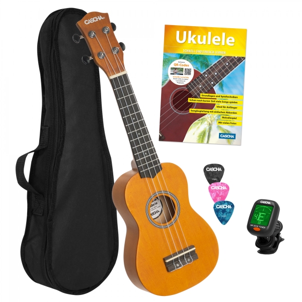 Cascha 3973YE - Sopran-Ukulele Set - inkl. Gigbag, 3 Picks, Lernheft & Stimmgerät inkl. Batterie