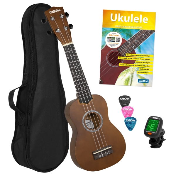 Cascha Sopren Ukulelen-Bundle -  braun - inkl. Gigbag, Stimmgerät, 3 Plektren & Ukulelenschule