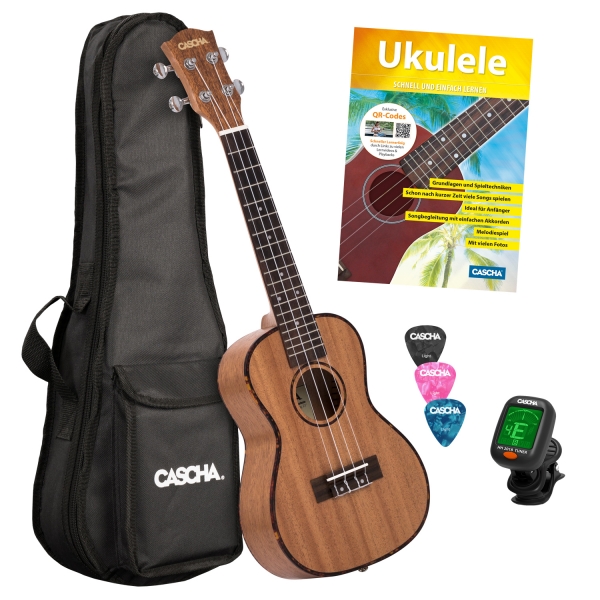 Cascha Premium Mahagoni Konzert-Ukulele Bundle - inkl. Gigbag, 3 Plektren, Stimmgerät und Lernheft