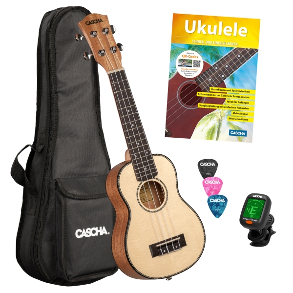 Cascha Sopren Ukulelen-Bundle -  massive Fichendecke  - inkl. Gigbag, Stimmgerät, 3 Plektren & Ukulelenschule