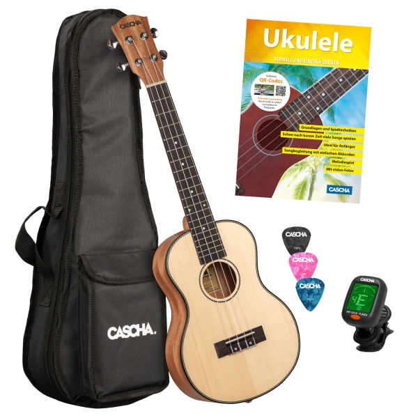 Cascha Solid Top Tenor-Ukulele Bundle -  massive Fichtendecke - inkl. Gigbag, 3 Plektren, Stimmgerät und Lernheft