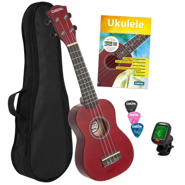 Cascha Sopren Ukulelen-Bundle -  rot - inkl. Gigbag, Stimmgerät, 3 Plektren & Ukulelenschule