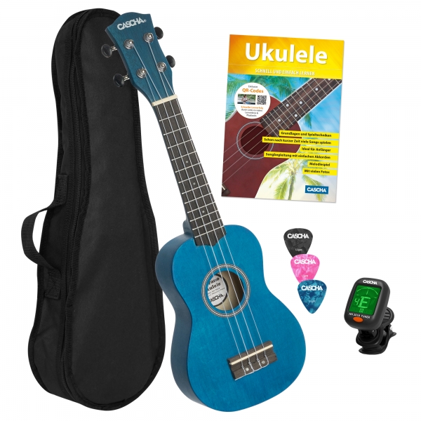 Cascha Sopren Ukulelen-Bundle -  blau - inkl. Gigbag, Stimmgerät, 3 Plektren & Ukulelenschule