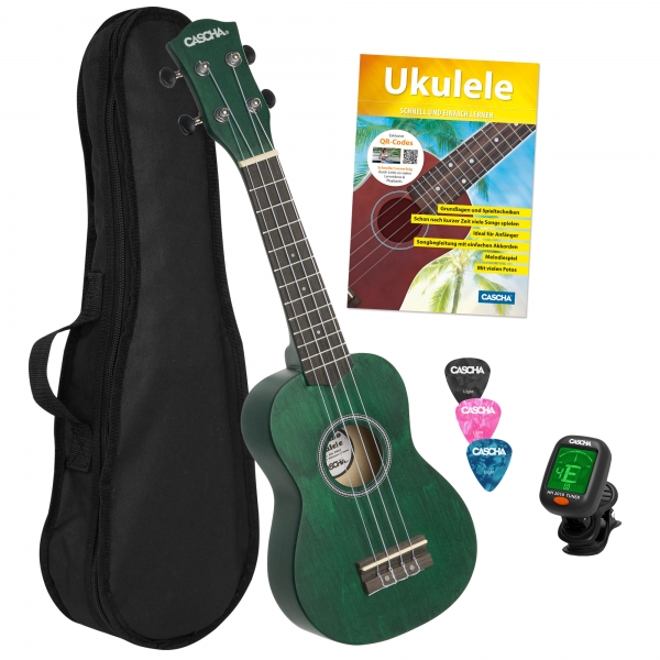 Cascha Sopren Ukulelen-Bundle -  grün - inkl. Gigbag, Stimmgerät, 3 Plektren & Ukulelenschule