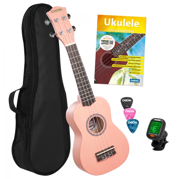 Cascha Sopren Ukulelen-Bundle -  Pink - inkl. Gigbag, Stimmgerät, 3 Plektren & Ukulelenschule