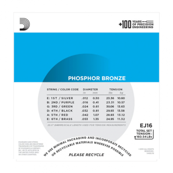 D`Addario EJ16 - Phosphor Bronze Round Wound - Light .012 - .053