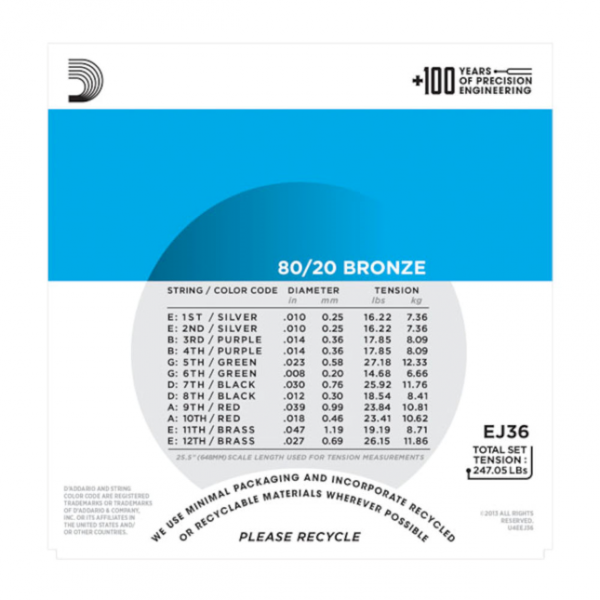 D`Addario EJ36 80/20 12-String Bronze Acoustic Guitar Strings - Light - 10-47