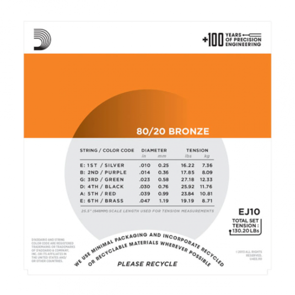 D`Addario EJ10 80/20 Bronze Acoustic Guitar Strings - Extra Light - 10-47