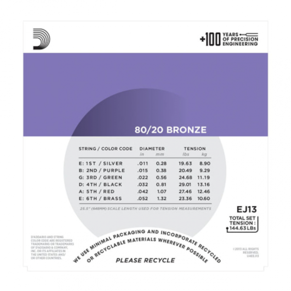 D`Addario EJ13 80/20 Bronze Acoustic Guitar Strings - Custom Light - 11-52
