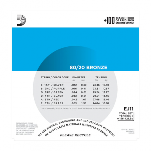 D`Addario EJ11 80/20 Bronze Acoustic Guitar Strings -Light - 12-53