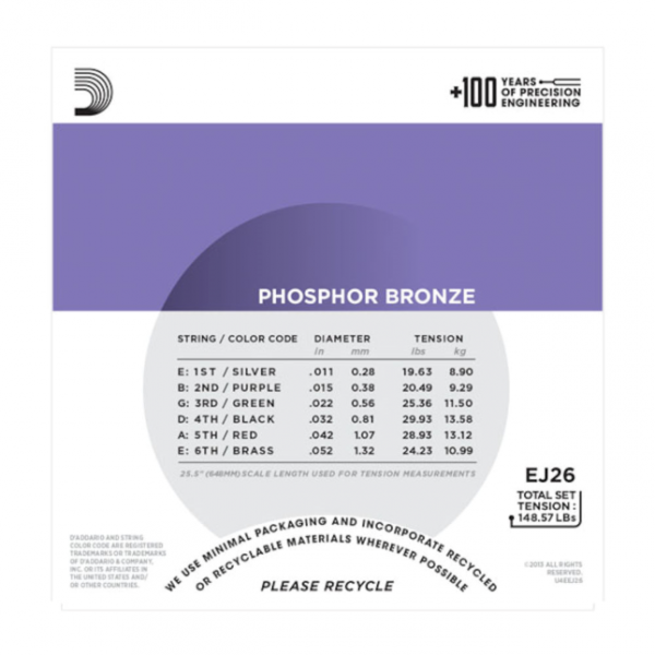 D`Addario EJ26 - Phosphor Bronze Round Wound - Custom Light .011 - .052