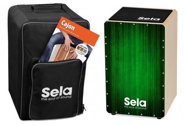 Sela Cajon-Bundle - Varios Green - inkl. Cajon-Rucksack, Sitzpad und Cajonschule